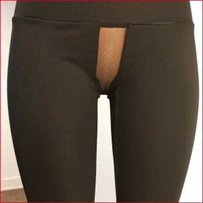 Tight black Exhibitionnisme Sheer Mesh Crotch Supplex Leggings with visible zipper