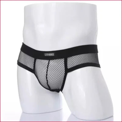 Sheer Black Mesh Men’s Underwear featuring a front pouch and solid trim design