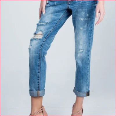 Distressed Mid Rise Ankle Length Jeans with Vintage Flair and Double Roll Cuffs