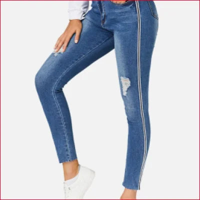 Sporty Skinny Jeans with Striped Side Detail for a Flattering Fit and Crotch Zipper