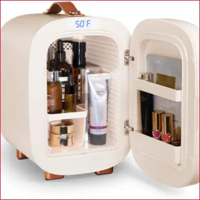 Open Qubi Mini Fridge showcasing a professional compact fridge for skincare and cosmetics