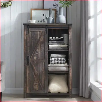 Rustic wood sliding-door cabinet in Modern Farmhouse 5-Drawer Dresser with adjustable storage