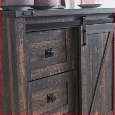 Rustic wooden cabinet with sliding barn door in Modern Farmhouse 5-Drawer Dresser