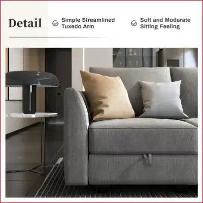 Gray sofa with pillows in a Modern Living Room Furniture set with storage ottomans