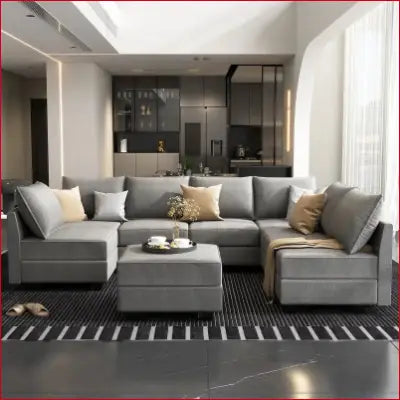 Gray sectional sofa with storage ottoman for modern living room furniture set