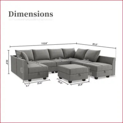 Gray sectional sofa with storage ottoman in a modern living room furniture set