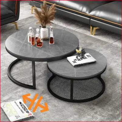 Modern Nesting Round Grey Marble Top Coffee Table Set with Sintered Stone Table