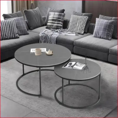 Modern Nesting Round Grey Marble Top Coffee Table Set with Sintered Stone Table Design