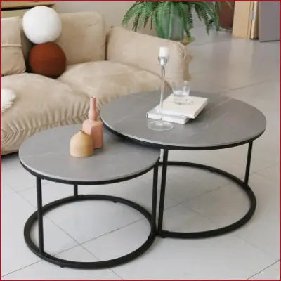 Modern Nesting Round Grey Marble Top Coffee Tables with Sintered Stone Table Design