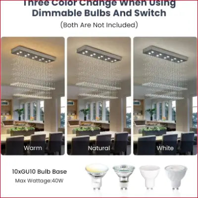 Modern Rectangular Crystal Chandelier with three color temperature options and bulb compatibility