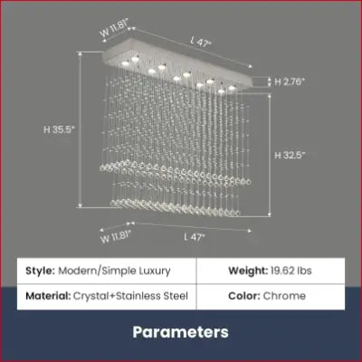 Modern Rectangular Crystal Chandelier Ceiling Lighting Fixture with dimensions and details