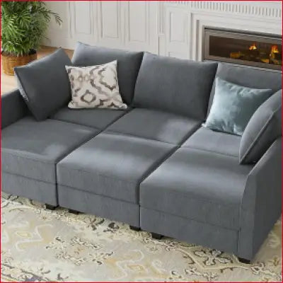 Modular gray corduroy sofa, U-shaped sectional couch with reversible chaise and storage