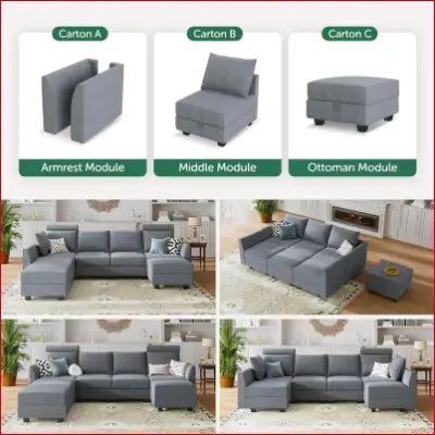 Modular gray sofa configurations of a U-shaped sectional couch with reversible chaise