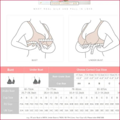 Diagram of proper bra measurement techniques for Mulberry Silk Bra sizing chart