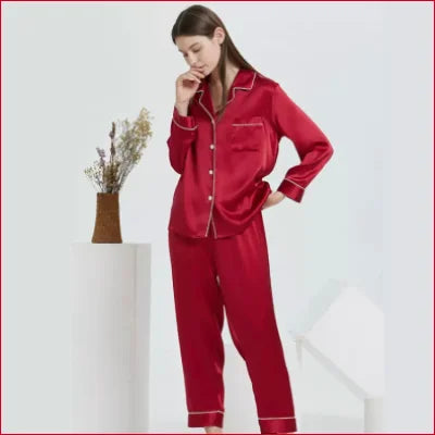 Red satin pajama set with contrasting piping made from Eco-Friendly Mulberry Pure Silk