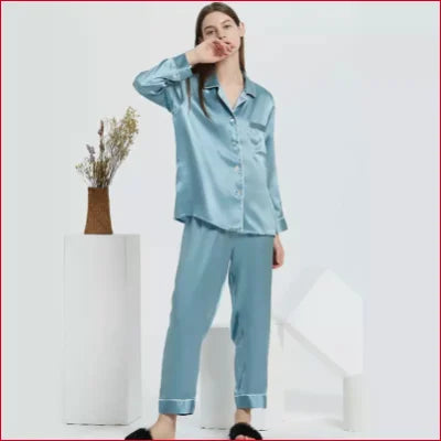 Light blue satin pajama set made of Eco-Friendly Mulberry Pure Silk for women