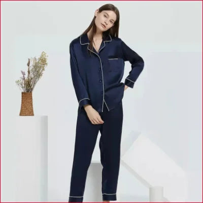 Navy blue Eco-Friendly Mulberry Pure Silk Women’s Pyjamas with white piping trim