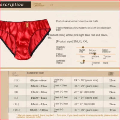 Red satin Mulberry Silk Panties with elastic waistband in various sizes XS-XXL