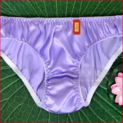 Lavender satin Mulberry Silk Panties with white trim, available in sizes XS-XXL