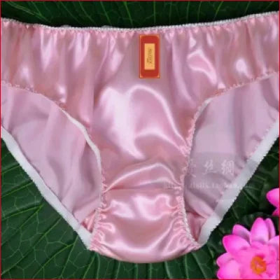 Pink Mulberry Silk Panties with an orange tag, available in various sizes XS-XXL