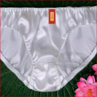 White satin Mulberry Silk Panties with tag, available in various colors and sizes XS-XXL