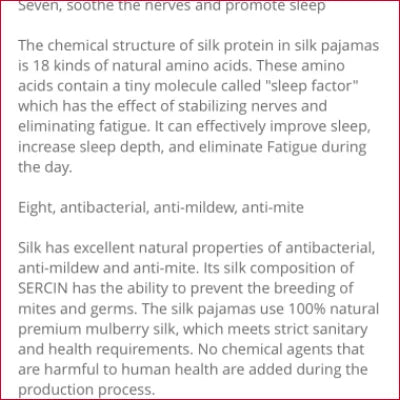 Text excerpt on Mulberry Silk Women’s Nightgown showcasing properties and antibacterial qualities