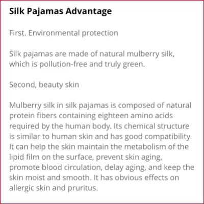 Text-based infographic on environmental and skin benefits of Mulberry Silk Women’s Nightgown