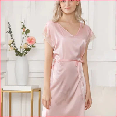 Pink wrap-style Mulberry Silk Women’s Nightgown with short sleeves and tie waist