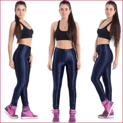 Navy Blue Disco Women’s Pants styled with black sports bras and pink sneakers