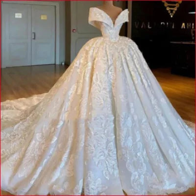 Ornate white Princess Off Shoulder Wedding Dress bridal gown with voluminous skirt