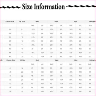 Size information chart for Princess Off Shoulder Wedding Dress bridal gown measurements