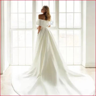 Elegant Off Shoulder Satin Mermaid Wedding Dress with Overskirt in White and other colors