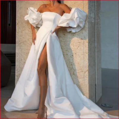 Elegant Off Shoulder Satin Mermaid Bridal Gown with High Slit and Dramatic Sleeves