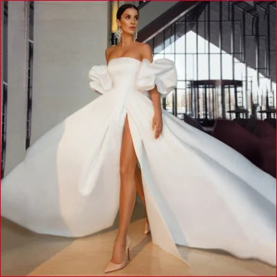 Elegant Off Shoulder Satin Mermaid Bridal Gown with High Slit and Puffy Sleeves