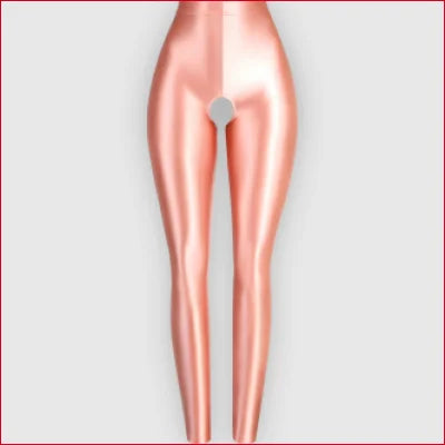 Lower half of a female body in pale pink wearing glossy crotchless leggings