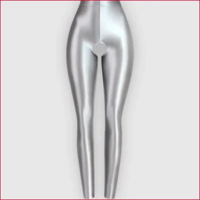 Stylized metallic silver lower half of female body in open crotch glossy leggings