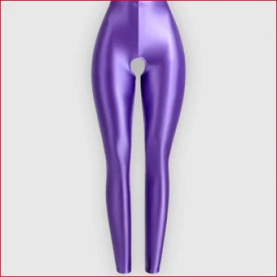 Purple shiny open crotch glossy leggings for a bold and sexy look