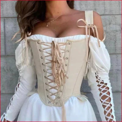 White corset-style top with lace-up and off-shoulder sleeves for Beige Overbust Cover