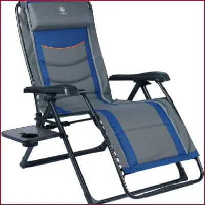 Gray and blue Zero Gravity Recliner padded lounge chair with adjustable headrest support