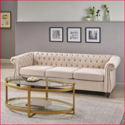 Tufted beige Parksley 85 In. Flared Arm 3-Seater Removable Cushions Sofa displayed elegantly