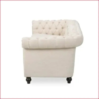 Tufted ivory Chesterfield armchair on Parksley flared arm removable cushions sofa in beige