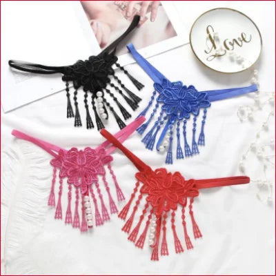 Colorful Seductive Pearl Fringes One Size Panties in black, blue, pink, and red