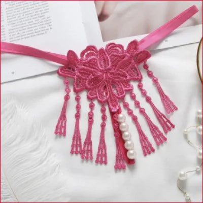 Pink lace ornament with floral design and dangling tassels on Seductive Pearl Fringes Size Panties