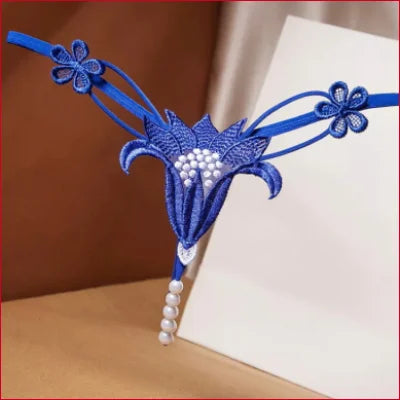 Intricate blue floral bookmark with pearl beads for Intimate Faux Pearl G-String Panties