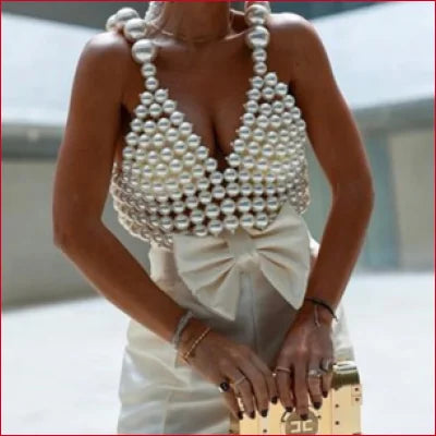 Y2K Faux Pearl Tank Tube Top featuring a pearl-covered bodice and white skirt with bow