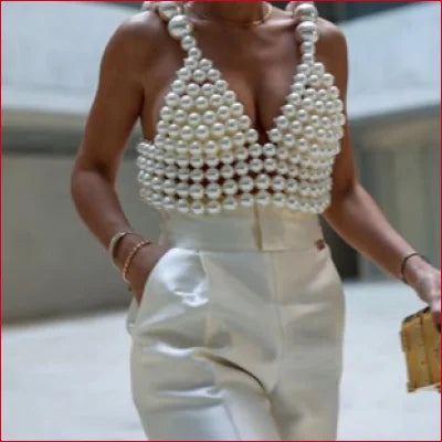 Y2K Faux Pearl Tank Tube Top for Women styled with high-waisted white pants