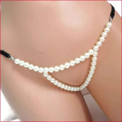 Pearl necklace thigh accessory with Black Faux Pearls Thong Panties design