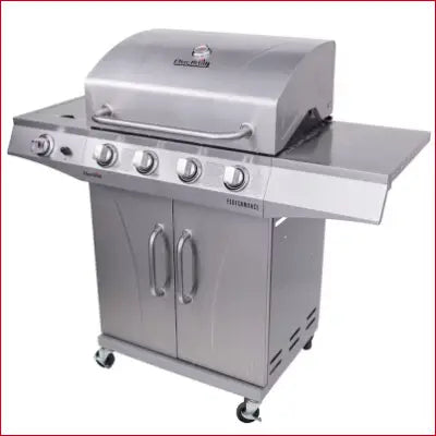 Stainless steel Performance Series Silver propane gas grill with cabinet and side burner