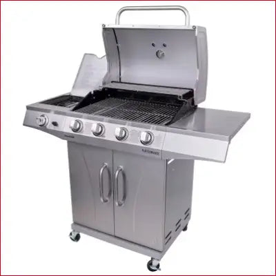 Stainless steel Performance Series Silver propane gas grill with cabinet and side burner