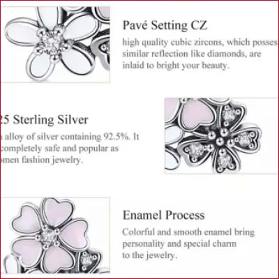 Flower-shaped sterling silver stud earrings with cubic zirconia and pink daisies enamel